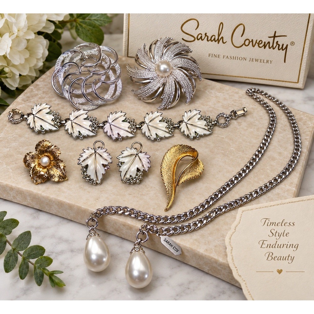 Vtg Sarah Coventry Jewelry Lot 7 Pc Brooches Garland Bracelet Earrings Necklace